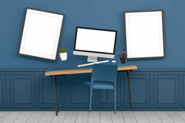 istock Zero Gravity Workplace with Blank Screen Monitor and Frames in modern interior 1125952484