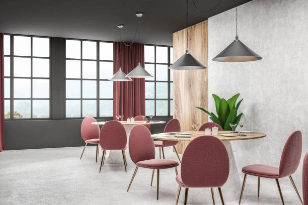 istock Gray and white loft cafe interior, red chairs 1125952741