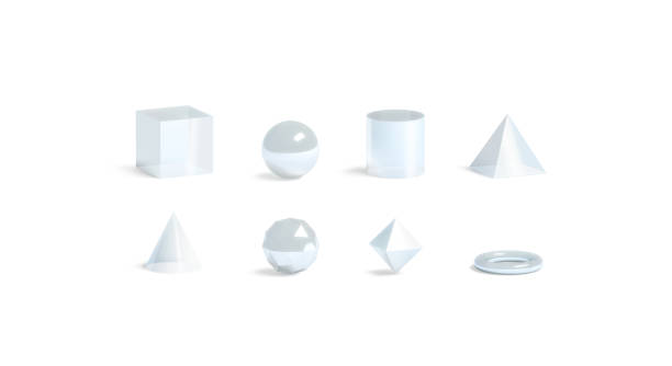 Blank white glass geometric shapes mockup set, isolated, 3d rendering. Empty acrylic abstract symbol mock up. Clear acryl math ball, pyramid and rhombus concep template.