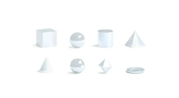 Photo of Blank white glass geometric shapes mockup set, isolated
