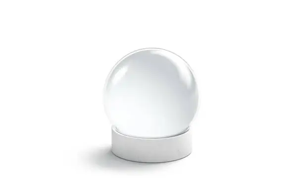 Blank white crystal magic ball mock up, isolated, 3d rendering. Empty glass snowball mockup. Clear transparent sphere globe for future predict or xmas souvenir template.