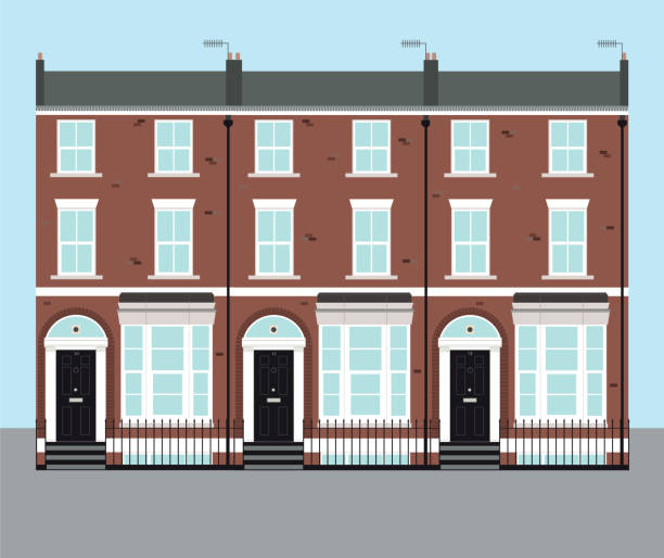 Typical UK terraced Georgian brick houses A row of typical UK terraced four storey houses with bay windows. victorian houses exterior stock illustrations