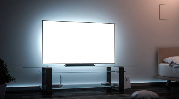 Blank white tv screen room interior in darkness mockup