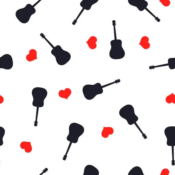 Vector illustration of Seamless pattern guitar black silhouette and red hearts on white, vector eps 10