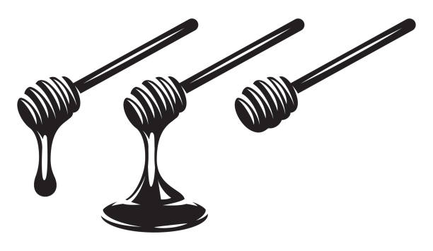 Vector monochrome set of three spoons with dripping honey. - ilustração de arte vetorial