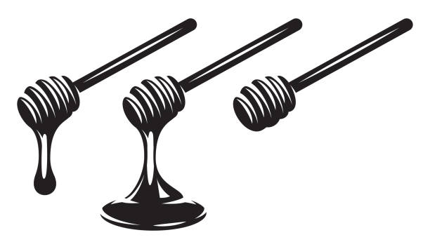 Vector monochrome set of three spoons with dripping honey. Vector monochrome set of three spoons with dripping honey. honey stock illustrations