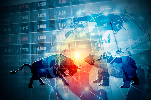 Stock market background concept design of Bull and Bear with global network