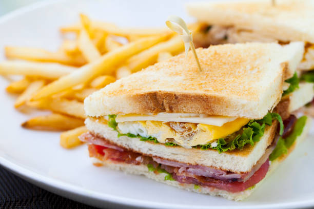 sanduíche com batatas fritas num prato branco. close-up. - sandwich club sandwich ham turkey - fotografias e filmes do acervo