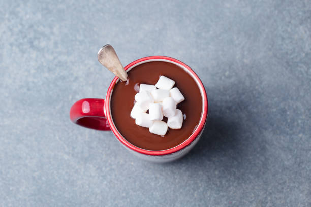 istock Hot chocolate with marshmallows on grey stone background. Top view. 1125957586