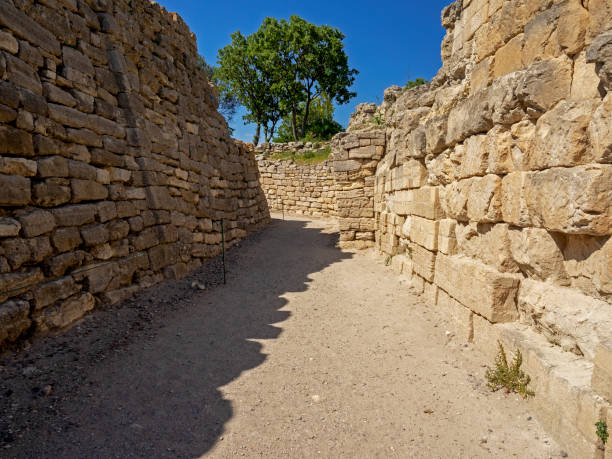 Ruins of ancient Troia city, Canakkale (Dardanelles) / Turkey Ruins of ancient legendary city of Troy in Canakkale Province, Turkey troia stock pictures, royalty-free photos & images