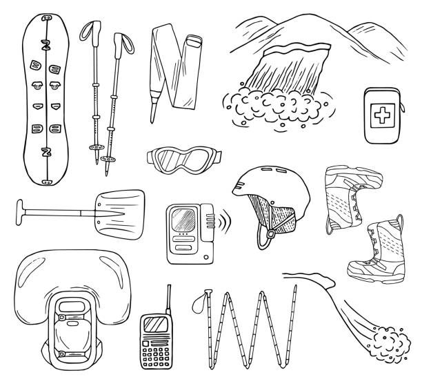 Vector avalanche safety gear icons Set of hand-drawn avalanche safety gear icons. Doodle splitboard, airbag, beacon, shovel, etc.. Sketched vector illustration of equipment for freeride avalanche beacon stock illustrations