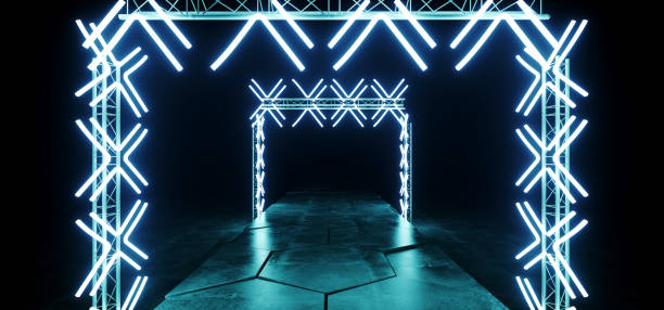 istock Futuristic Modern Sci Fi Club Dance Stage Construction Neon Glowing Rectangle Shaped Blue Laser Stage Lights On Dark Grunge Concrete Hexagonal Tiles Floor 3D Rendering 1125970475