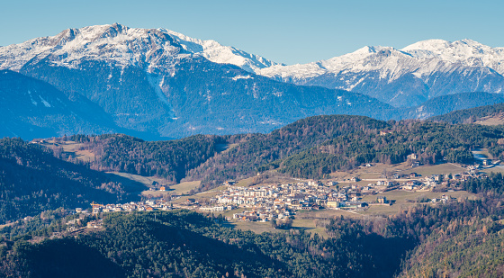 Idyllic winter landscape in Soprabolzano, Trentino Alto Adige, northern Italy.