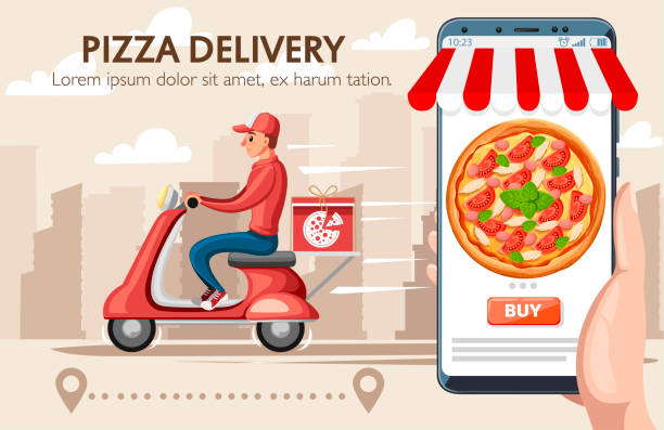 ilustrações, clipart, desenhos animados e ícones de sorrindo pizza entrega courier e smartphone com correio de comida app na scooter retrô vermelho com caixa de porta-malas. . design de personagens de desenhos animados. ilustração em vetor plana sobre fundo de paisagem de cidade - red telephone box