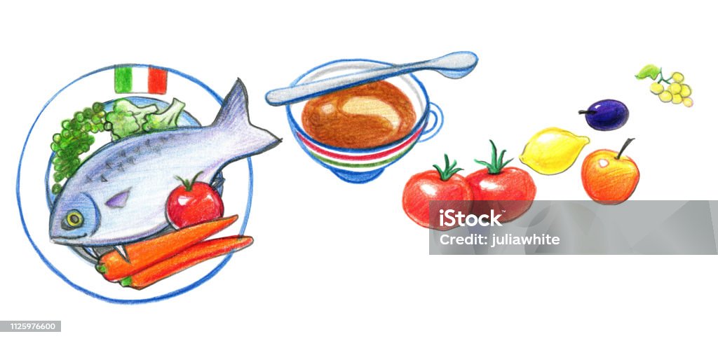 Italian food. Italian food. Fish, carrots, tomatoes, lemon, fruits. Drawing with colored pencils Broccoli stock illustration