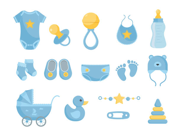 Baby nursing and health care and hygiene products vector illustration set. Baby nursing and health care and hygiene products vector illustration set - various toddler equipment for little boy in flat style. Blue newborn related elements isolated on white background. duck with hat stock illustrations