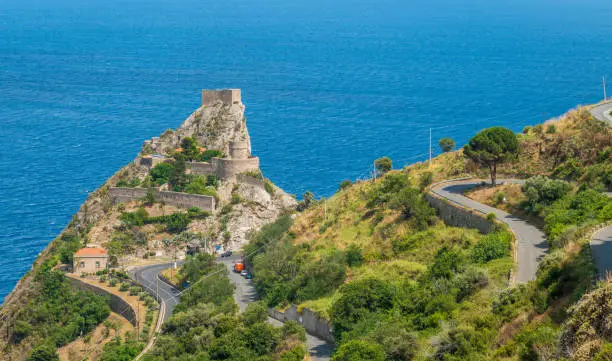 Panoramic view from Forza d'Agrò, with the Saracen fort in the background. Province of Messina, Sicily, southern Italy.