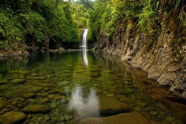 Wainibau Waterfall at the end of Lavena Coastal Walk on Taveuni Island, Fiji stock photo