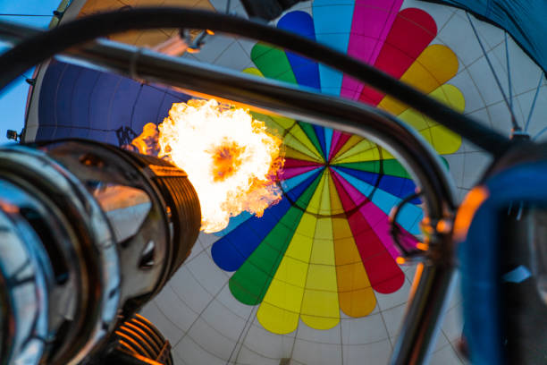 hot air balloon burner from the basket - inflating balloon blowing air imagens e fotografias de stock