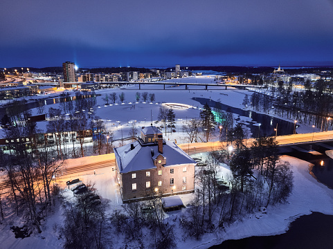 Aerial view of evening city Joensuu in winter, Finland