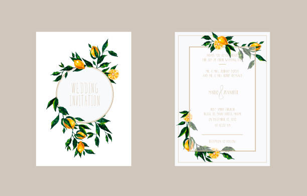Wedding cards invitation with lemon branches Hand drawn bright illustration with lemon branches for wedding invitation, greeting card, thank ypu card, save the date. fruit borders stock illustrations