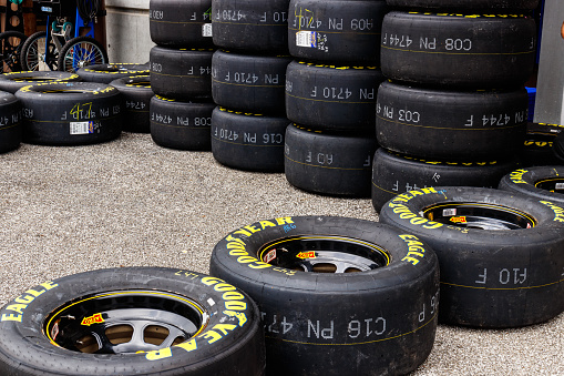 Indianapolis - Circa September 2018: Sets of Goodyear Eagle NASCAR Racing tires I