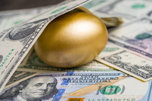 uovo d'oro lucido sotto mucchio di banconote in dollari usa america metafora monetaria di trovare l'incredibile buon magazzino con un alto dividendo o un investimento di successo nel concetto di borsa - easter animal egg eggs single object foto e immagini stock