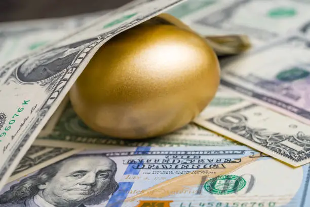 Photo of Shiny golden egg under pile of US America dollar banknotes money metaphor of finding the unbelievable good stock with high dividend or success investment in stock market concept