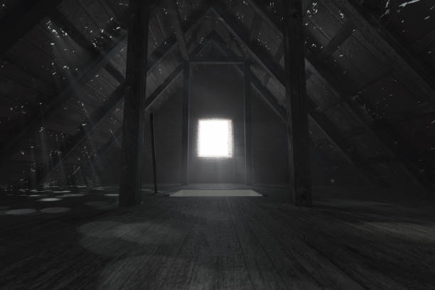 3d rendering of darken empty attic with light rays through holes in the roof stock photo