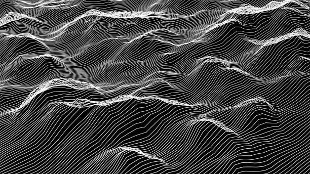 футуристический пейзажный фон каркаса. векторная цифровая иллюстрация из волновых белых линий. геометрическая абстракция. - striped mesh abstract wire frame stock illustrations