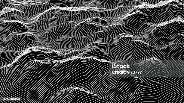 Futuristic Wireframe Landscape Background Vector Digital Illustration From Wave White Lines Geometric Abstraction Stock Illustration - Download Image Now