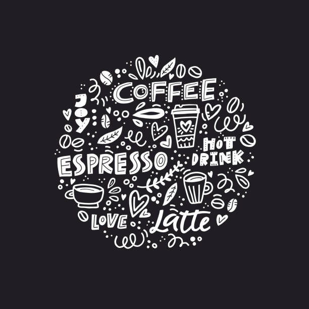 Black and white coffee concept Vector illustration of coffee symbols with words like espresso, latte. Element for restaurant menu. flat white stock illustrations