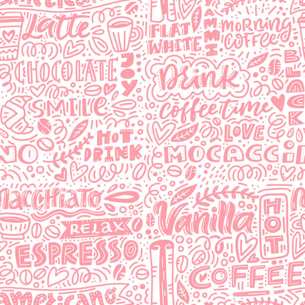 Coffee Vector Pattern Vector seamless pattern with different symbols of coffee and lettering of words espresso, hot drink, coffee time and others. flat white stock illustrations