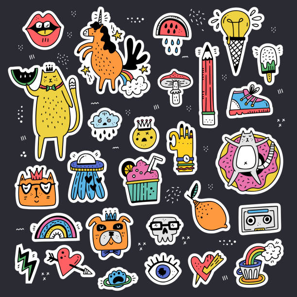 lustige sticker sammlung - cat food stock-grafiken, -clipart, -cartoons und -symbole