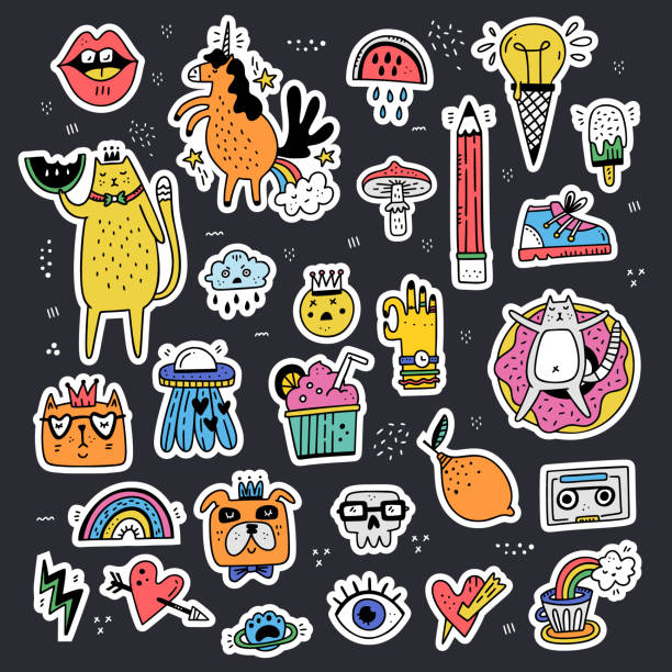 lustige sticker sammlung - speisen isoliert stock-grafiken, -clipart, -cartoons und -symbole