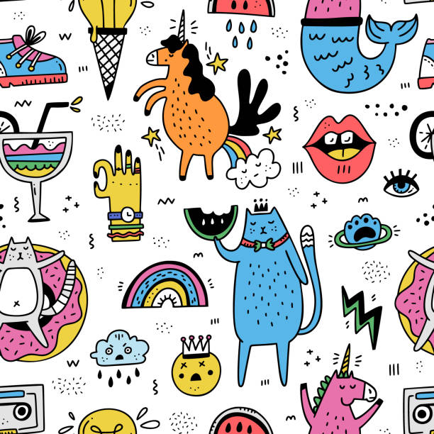 Cartoon Seamless Pattern Fun seamless pattern illustration in cartoon style - perfect for bold background. Doodle illustration made in vector. Unicorn stock illustrations