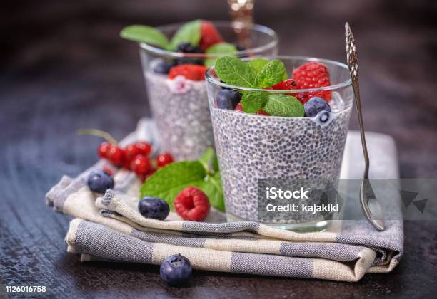 Chia Seed Pudding With Fresh Berries For The Breakfast Stock Photo - Download Image Now