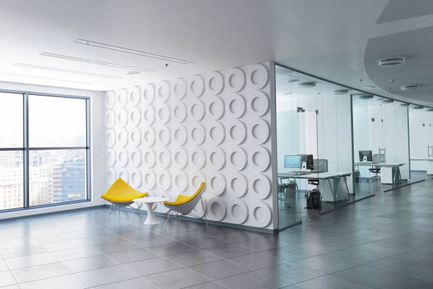 3d renderizados de espaço de escritório - glass office contemporary built structure - fotografias e filmes do acervo