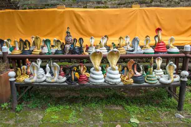 Photo of A lot of snake statue around the base of pagoda in Wat Jed Yod temple of Chiang Mai province of Thailand.