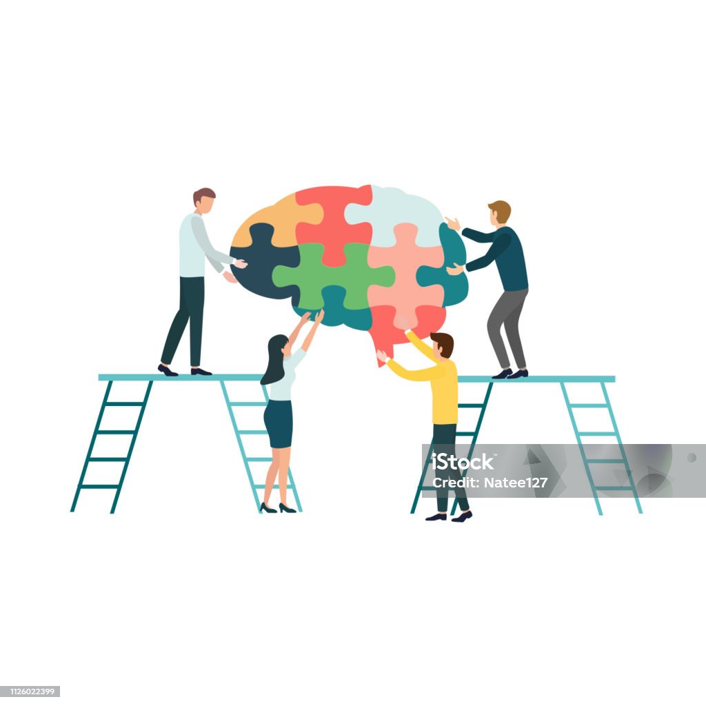 Teamwork group of people assembling a brain jigsaw puzzle. Concept for cognitive rehabilitation in Alzheimer disease and dementia patient. Concept for cognitive rehabilitation in Alzheimer disease and dementia patient. Mental Health stock vector