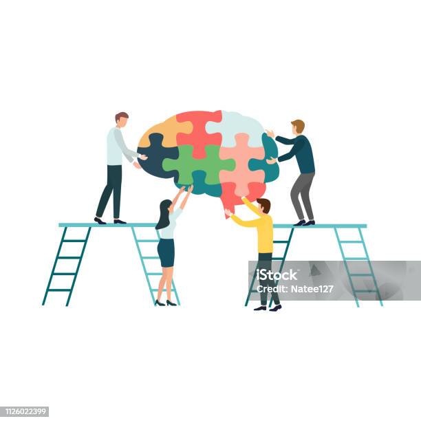 Teamwork Group Of People Assembling A Brain Jigsaw Puzzle Concept For Cognitive Rehabilitation In Alzheimer Disease And Dementia Patient Stock Illustration - Download Image Now