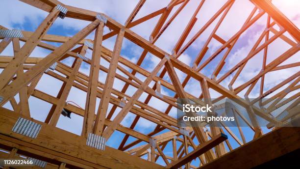 Residential Home Framing View On New House Wooden Under Construction Stock Photo - Download Image Now