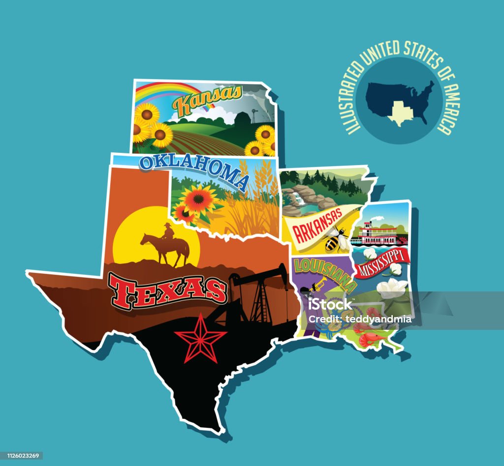 그림된 그림 지도 중남부 미국입니다. 캔자스, 오클라호마, 텍사스, 아칸소 루이지애나와 미시시피에 포함 되어 있습니다. - 로열티 프리 지도 벡터 아트