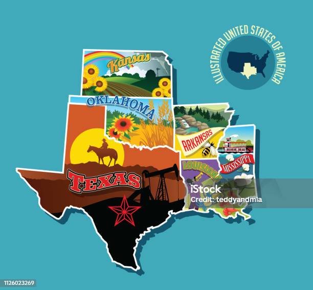그림된 그림 지도 중남부 미국입니다 캔자스 오클라호마 텍사스 아칸소 루이지애나와 미시시피에 포함 되어 있습니다 지도에 대한 스톡 벡터 아트 및 기타 이미지