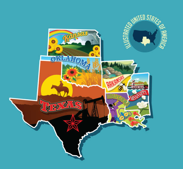 ilustrações, clipart, desenhos animados e ícones de mapa pictórico ilustrado do centro-sul dos estados unidos. inclui, kansas, oklahoma, texas, arkansas louisiana e mississippi. - oklahoma