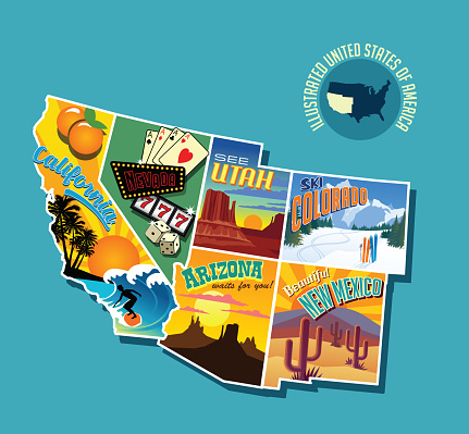 Illustrated pictorial map of southwest United States. Includes California, Nevada, Utah, Arizona, New Mexico and Colorado. Vector Illustration.