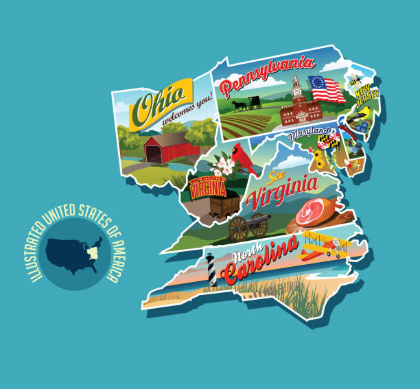 illustrazioni stock, clip art, cartoni animati e icone di tendenza di mappa pittorica illustrata degli stati uniti orientali. include pennsylvania, new jersey, west virginia, virginia, north carolina, delaware e maryland. - mid atlantic usa