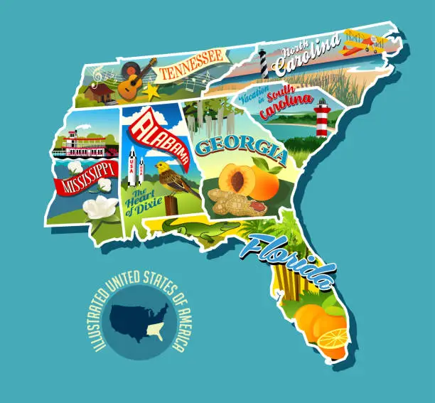 Vector illustration of Illustrated pictorial map of Southern United States. Includes Tennessee, Carolinas, Georgia, Florida, Alabama and Mississippi.