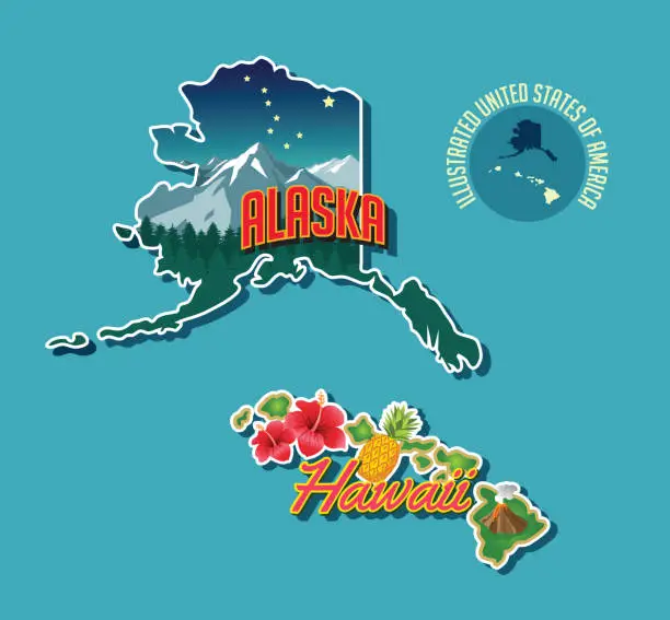 Vector illustration of Illustrated pictorial map of Alaska and Hawaii, United States.