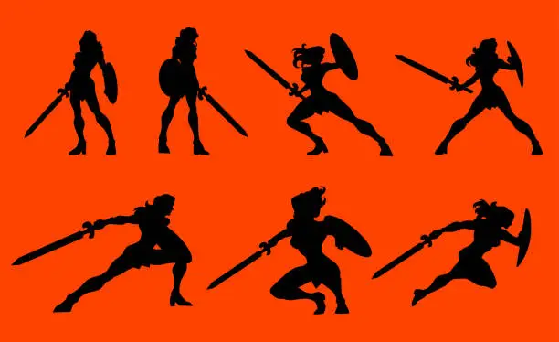 Vector illustration of Vector Female Warrior Superhero Silhouette Set